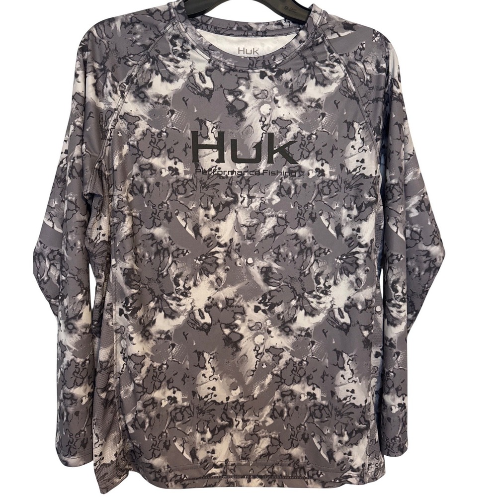Huk Performance Fishing Shirt Youth YXL Grey Camo Long Sleeve Raglan Tee